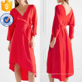 Asymmetrische Hem V-Ausschnitt Langarm rot Sommer Wrap Dress Herstellung Großhandel Mode Frauen Bekleidung (TA0305D)